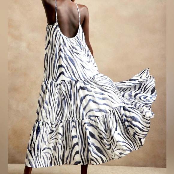 Banana Republic Canna Ramie Maxi Dress- White/Navy Blue Zebra Print - Picture 4 of 6